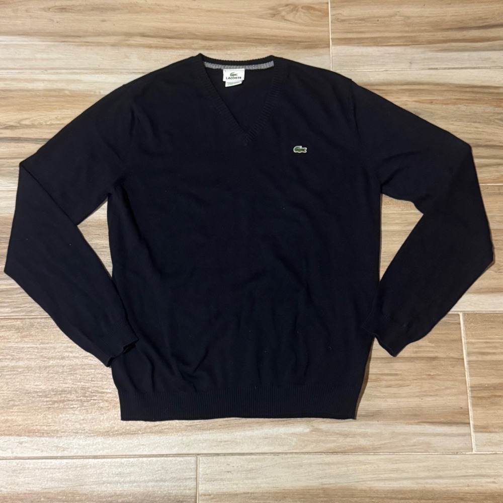 Lacoste Mens Navy Blue 100% Cotton V-Neck Sweater Size 5 F5178